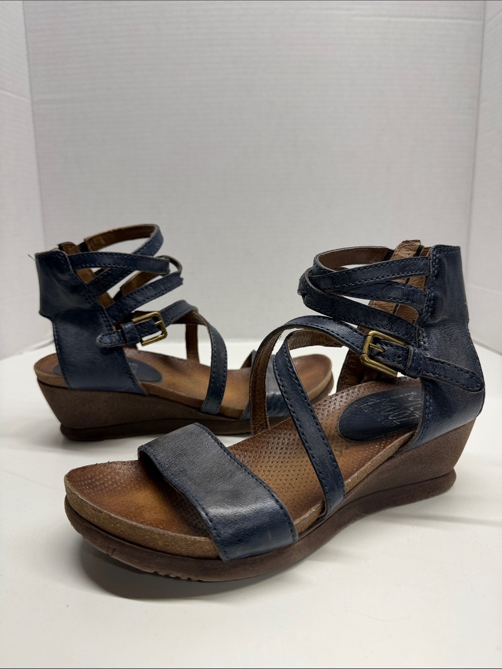 Miz Mooz Shay Wedges Open Toe Heeled Sandals Leather Cork Shoes Navy Blue Size 7